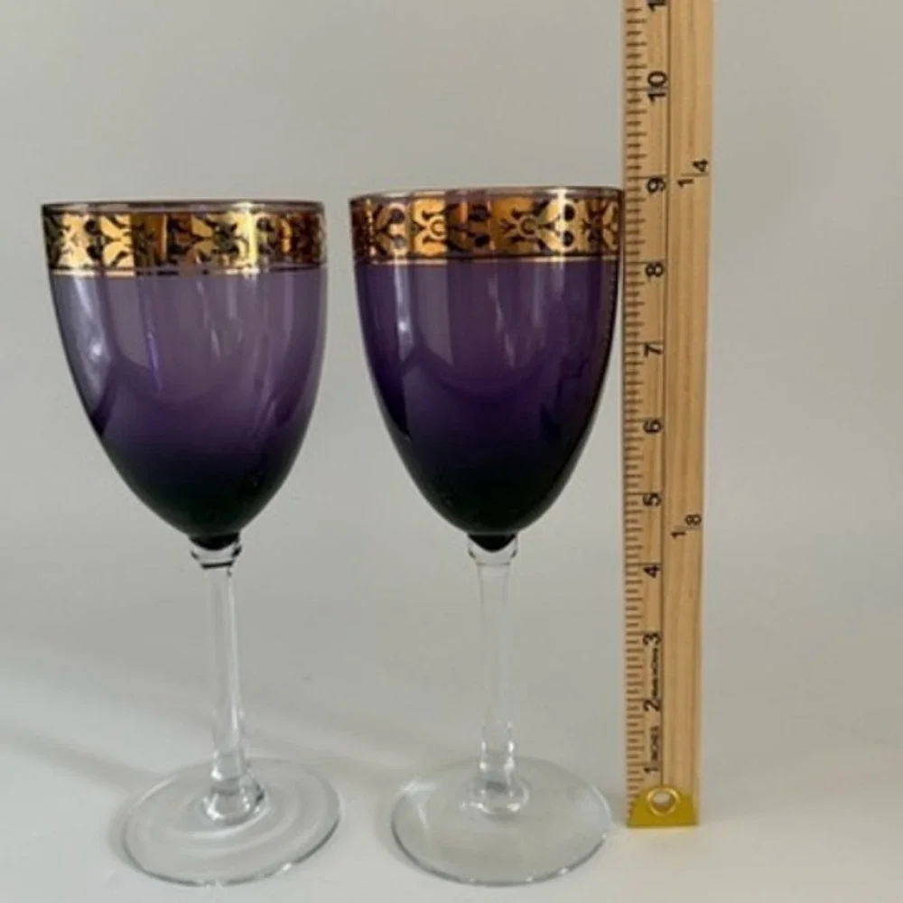 Pier 1 Vintage Amethyst Purple Wine Glasses with Gold Encrusted Rim Set of 2